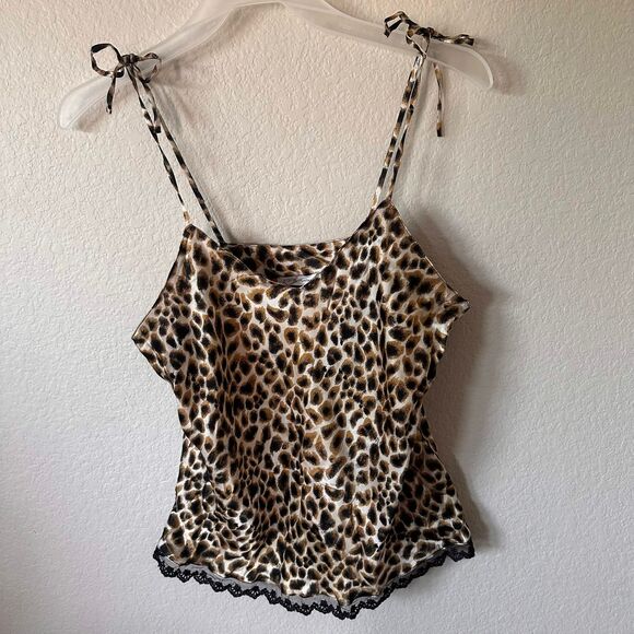 Silkscreen Tops - Vintage Y2K Silkscreen 100% Silk Leopard Print Lace Trim Cami Large Whimsigoth